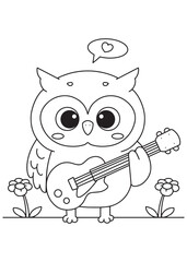 Coloring book owl serenades with a guitar, a heart above its head