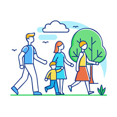 Cartoon Illustration of a Family Taking a Walk in a Green Park