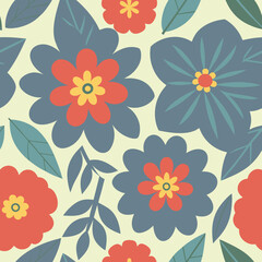 Vibrant floral seamless pattern design with red blue flowers and green leaves