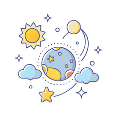 Cute cartoon cosmic scene with planet, sun, moon, stars and clouds