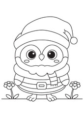 Coloring book cute owl dressed as Santa Claus, complete with a hat, beard, and scarf,