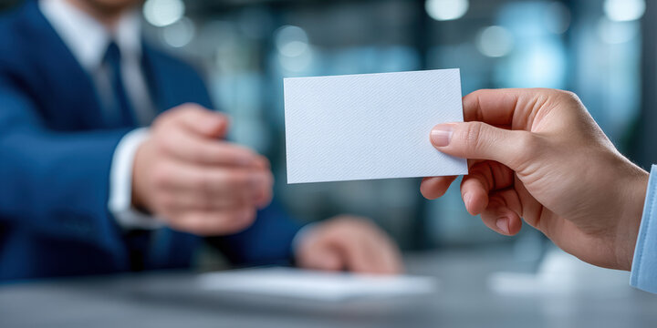 Closeup of hand passing blank business card to person in suit, symbolizing professional networking and communication