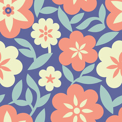 Seamless floral pattern with stylized flowers and leaves in complementary pastel colors