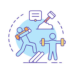 Conceptual illustration showing people lifting weights and breaking through barriers concept