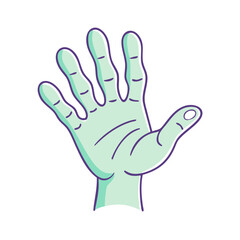 Illustration of stylized teal hand with purple outlines against white background
