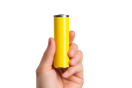 hand holding yellow battery isolated on white background