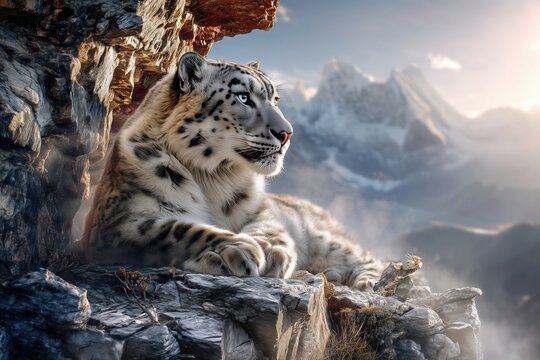 Majestic Snow Leopard Resting on Mountain Cliff at Sunrise