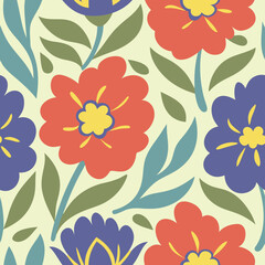 Colorful floral pattern with repeating red and blue flowers with green leaves for seamless designs