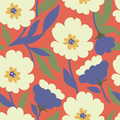 Vibrant seamless floral pattern design featuring white flowers with blue and green foliage