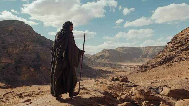Mysterious figure traveling through vast desert canyon under dramatic sky