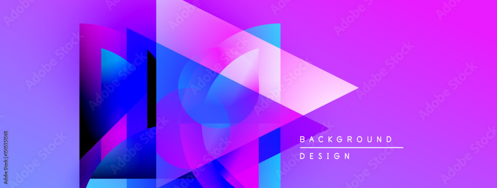 Poster abstract geometric shapes overlap, creating vibrant purple, blue gradients. modern design elements s