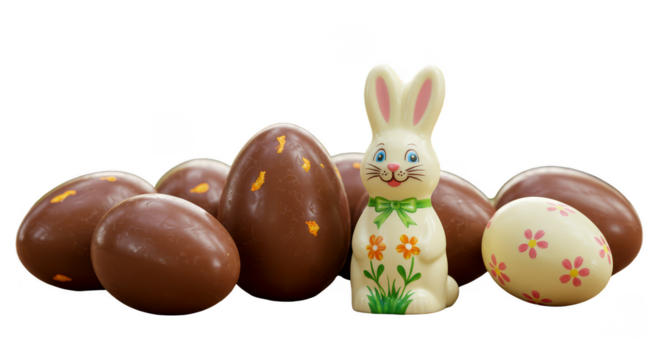 Isolated Easter Bunny with Chocolate Eggs on Transparent Background Photo