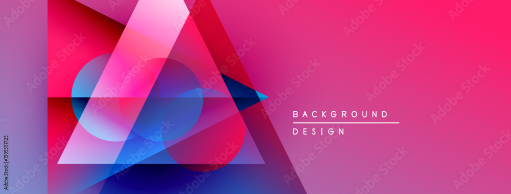 Poster abstract geometric shapes overlap, creating vibrant pink, blue gradients. modern design elements sug