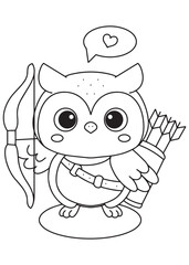 Coloring book Cupid owl is ready to spread love with bow and arrow