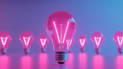 Contrast uniqueness standing out, Symbol of Concept Variety and difference. A vibrant pink light bulb stands out among a row of similar bulbs, creating a striking visual effect.