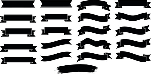  Black banner, ribbon silhouette vector set. Perfect for title, decoration, design. Editable, customizable. Bold shapes, modern to vintage styles. Straight edged, curved, waved designs.
