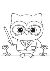Coloring book scholarly owl in glasses, ready to teach A cute coloring page for kids 