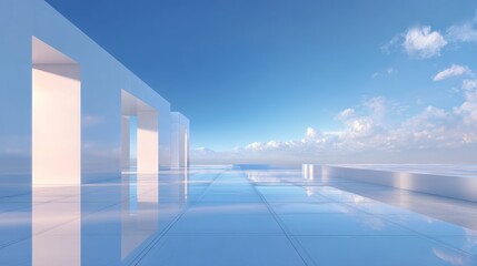 Obraz premium Modern Architectural Structure with Reflective Surface and Clear Sky