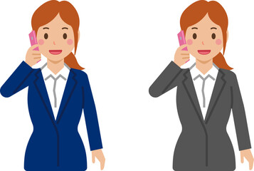 スマホで電話するポニーテールの若い女性。スーツ姿の上半身