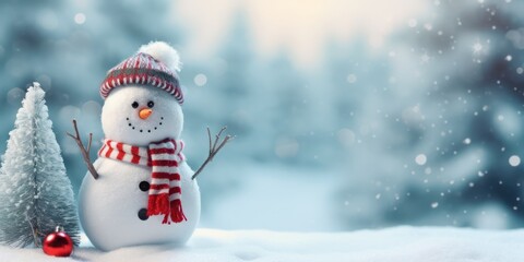 Fototapeta premium A snowman with a red scarf and hat, standing in a snowy landscape with a Christmas tree in the background.