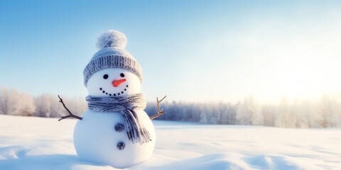 Obraz premium A snowman with a carrot nose and a scarf standing in a snowy field with a clear blue sky in the background.