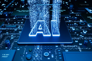 AI artificial intellignece processor on a motherboard, big data, machine learning. Futuristic, innovation, integrated, digital processes, data exchange, binary, connected. 3D illustration