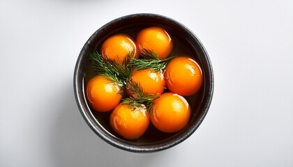 famous food of mongolian concept bowl with orange balls and dill in water on a white background