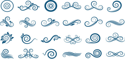 Elegant swirl, spiral and flourish vector set, Swirls spirals and Flourishes illustration, Decorative Ornamental Design Elements for Tattoo, Pattern, and Art.