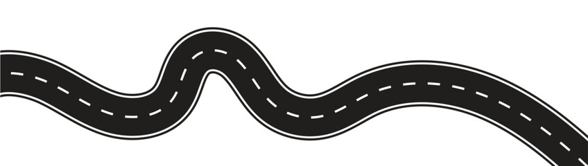 Wavy winding curves roads and  asphalt road. Horizontal path template. Flat vector illustration isolated on transparent background.	
