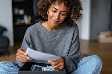 A young woman sits on the floor, smiling while looking through a box of old photographs, evoking nostalgia and warm memories in a cozy home setting.