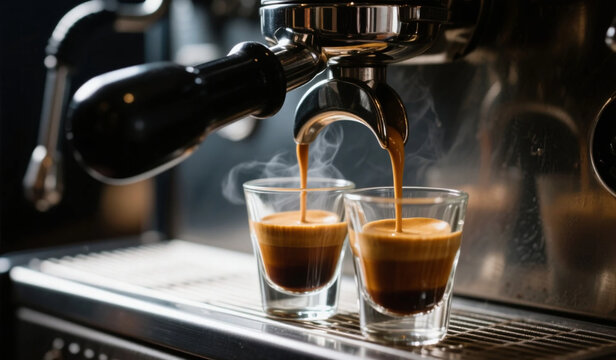 Action shot of double espresso pouring into two glass shot glasses