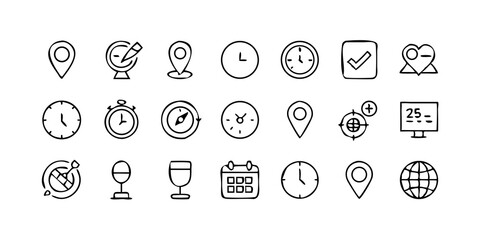  set icon Time, date and location icon set in line style, Containing hourglass, pin, stopwatch, calendar, clock, gps point, flag point, globe point and more, vector illustration
