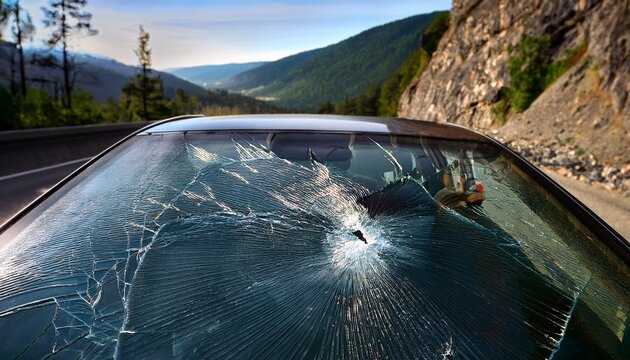 crack in the windshield due to rockfall