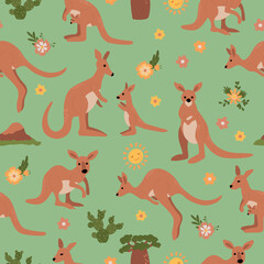 Seamless patterns with kangaroos and their babies. Design for fabric, textile, wallpaper, packaging
