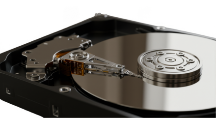 Detailed Photo of Open Hard Drive Mechanism and Metallic Components Isolated