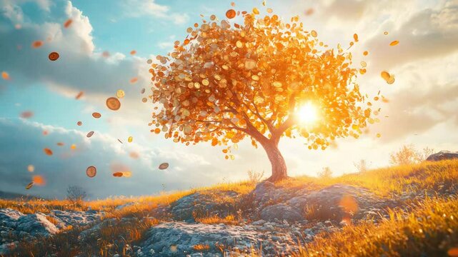 A magical tree shedding coins in a dreamy landscape symbolizing wealth and prosperity for all