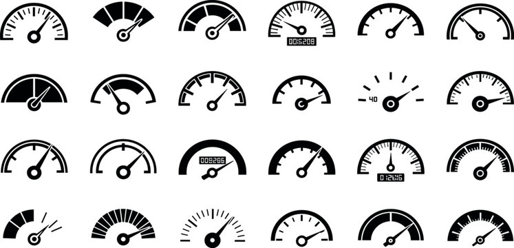  Speedometer speed vector icon set, gauge meter, dashboard elements for automotive, speed measurement. Vector set for car speed, fuel, RPM, tachometer. Black speed dials.