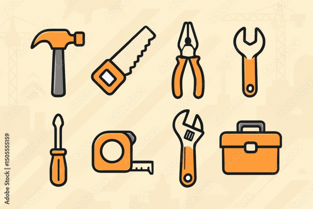 Aufkleber Collection of Essential Tools for DIY Projects Displayed in a Minimalistic Style With a Light Background, Perfect for Home Improvement Enthusiasts