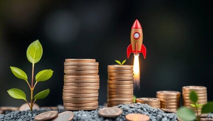 Financial Growth and Investment Success: A Rocket Launching from a Stack of Coins, Symbolizing Business Expansion and Wealth Creation