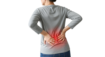 Woman experiencing back pain while standing in a casual outfit