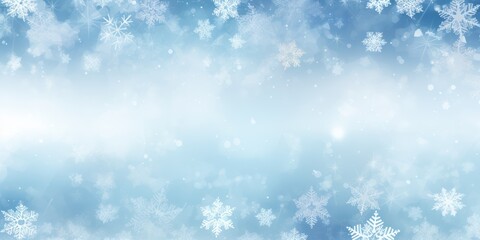 A serene winter landscape with snowflakes falling against a blue sky.