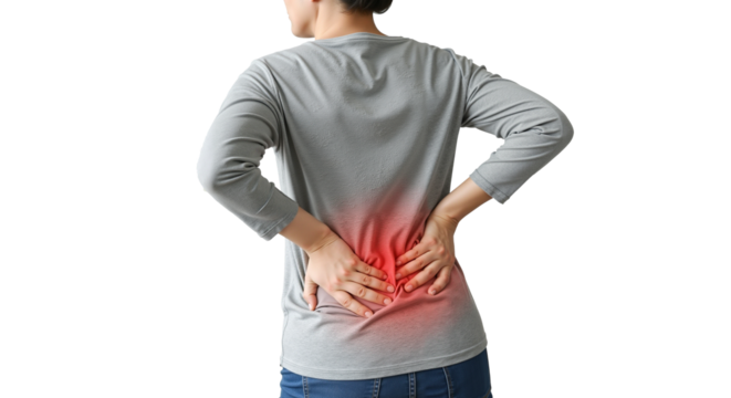 Woman experiencing back pain while standing in a casual outfit