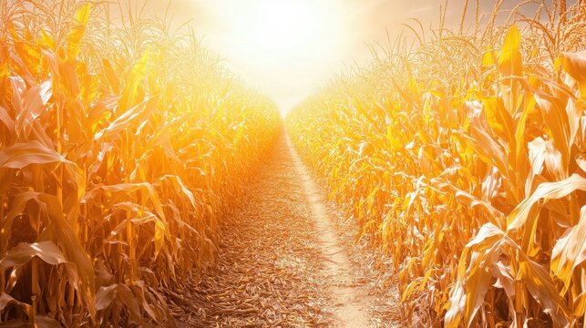 A dusty farm road bordered by golden corn stalks under bright sunlight