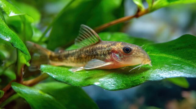Small otocinclus catfish resting on green leaf underwater with playful natural light and closeup view