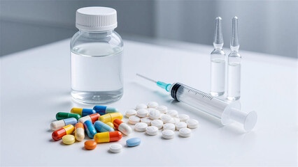 机の上に置かれたさまざまな医療用薬品