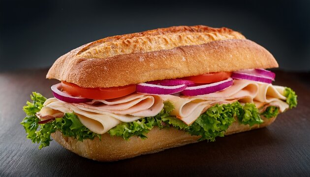 a delicious turkey and cheese sandwich on a toasted sub roll with lettuce tomato and red onion is ready to eat