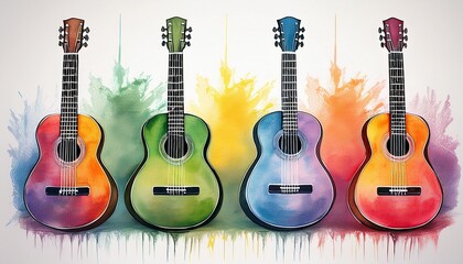 Naklejka premium four colorful watercolor guitars lined up on white background