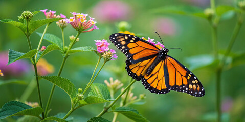 Obraz premium Close-up of a beautiful monarch butterfly with orange wings feeding on a colorful flower in a summer garden