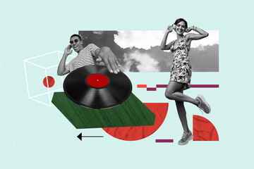 Poster collage of people listen headphones retro spin music disc on blue color background