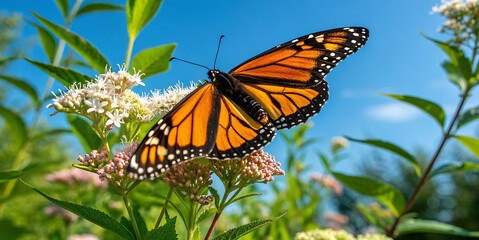 Fototapeta premium Orange monarch butterfly on a vibrant yellow flower, a beautiful summer insect with intricate wings in a close-up garden macro